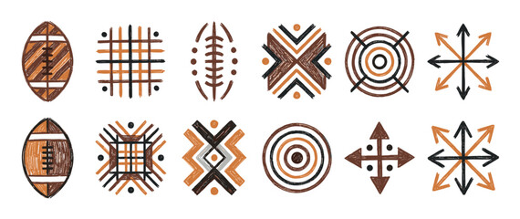 Set of hand-drawn ethnic symbols with a rustic, tribal aesthetic, featuring geometric patterns like footballs, arrows, and circles in a brown, black, and orange color palette
