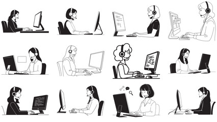 Professional woman wearing a headset providing remote IT technical support at a computer workstation, minimalist line art vector illustration collection for digital customer service concepts