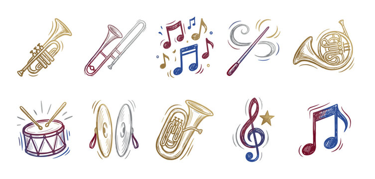 Sketched musical instruments and notes icons including a trumpet, trombone, French horn, tuba, drum, and cymbals in a colorful hand-drawn style with a textured effect