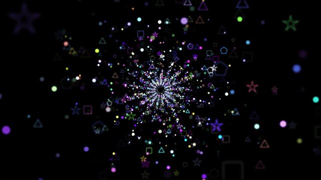 Vibrant Geometric Particle Burst On Black Background Abstract Colorful Shapes, Stars, Triangles, Circles For Celebration, Technology Digital Design, Vibrant Geometric Particle Burst Loop: Dynamic Colo