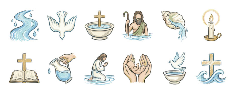 Collection of hand-drawn Christian baptism symbols featuring a cross, dove, water, bible, and candle in a watercolor sketch style for religious and spiritual concepts