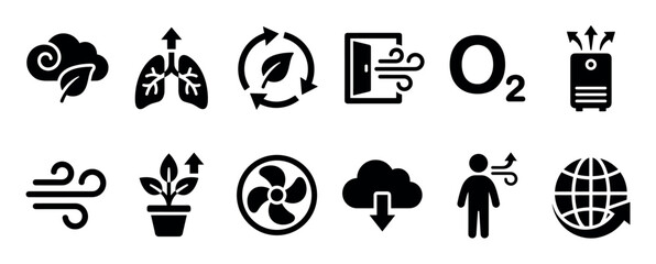 Set of black glyph icons representing air quality, breathing, ventilation, and environmental concepts like oxygen, lungs, plants, and wind, presented in a clean solid style