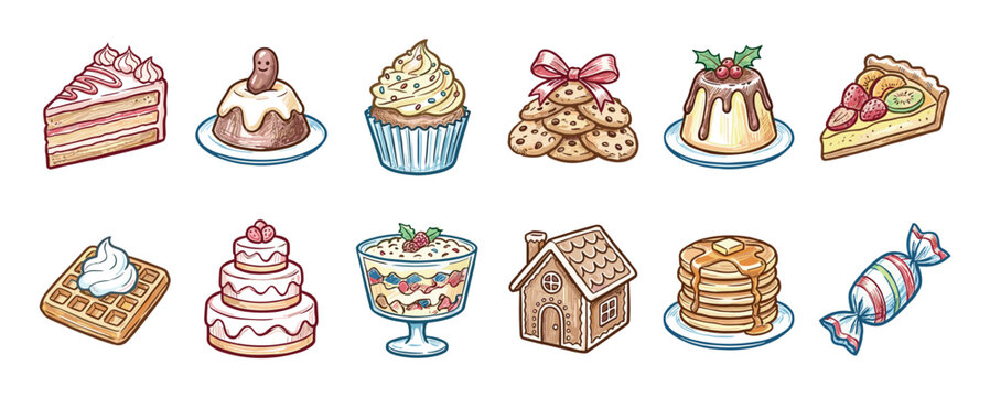Charming hand-drawn collection of various desserts and sweets including cake, cupcake, cookies, pudding, and a gingerbread house, illustrated in a cute and colorful cartoon sketch style