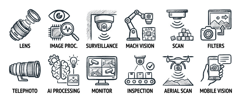 Machine vision and AI processing icon set hand-drawn in a doodle style, featuring surveillance, robotic automation, aerial drone scanning, and mobile technology concepts