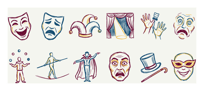 Set of hand-drawn theater and circus icons featuring comedy and tragedy masks, a magician, juggler, and tightrope walker in a colorful, sketchy doodle illustration style