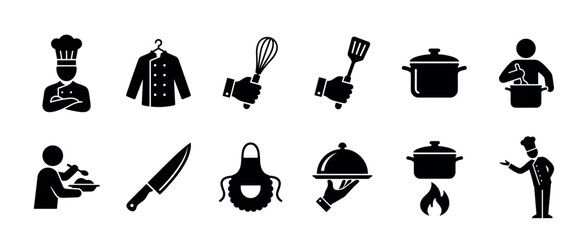 Set of black chef and cooking icons showing a cook, uniform, kitchen utensils, and food service elements for the restaurant industry, presented in a simple glyph style