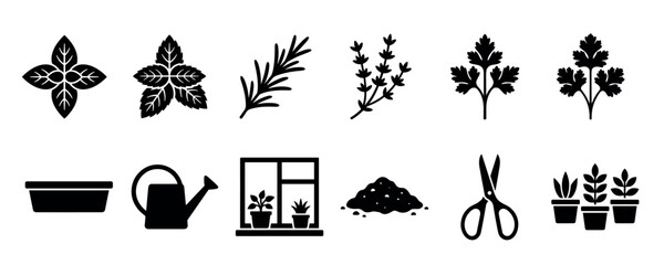 Set of black silhouette icons for home gardening and horticulture, featuring herbs like basil, mint, and rosemary, plus tools like a watering can, scissors, and pots on a windowsill