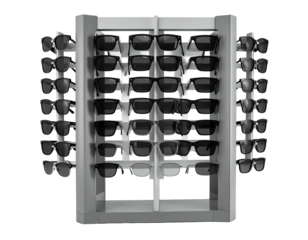 Sunglasses display rack, many pairs, symmetrical layout
