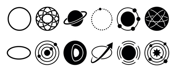 Set of twelve minimalist black icons depicting scientific and cosmic themes like planets, atoms, solar systems, and orbital paths, presented as a clean graphic symbol collection