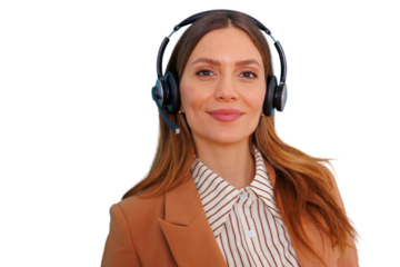 Professional woman talking on a headset, providing customer support or online consultation, a friendly service agent. Transparent background