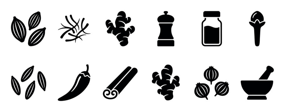 Black silhouette icons of various spices and herbs for cooking, including ginger, chili, cinnamon, saffron, and a mortar and pestle in a minimalist graphic collection