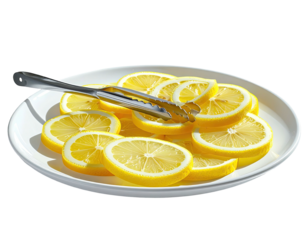 Lemon slices on white plate, stainless tongs