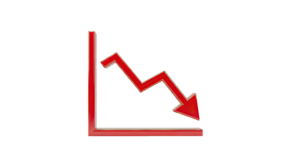 Red down trending graph with arrow on transparent background
