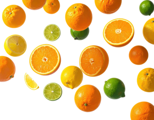 Citrus fruits scattered on a black background