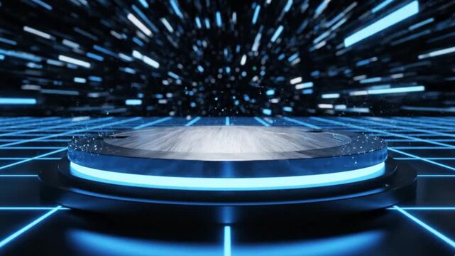 This mesmerizing 3D abstract animation presents a sleek, glowing blue circular podium centrally positioned within a dark, high-tech environment. The background bursts with energetic, blurred light str