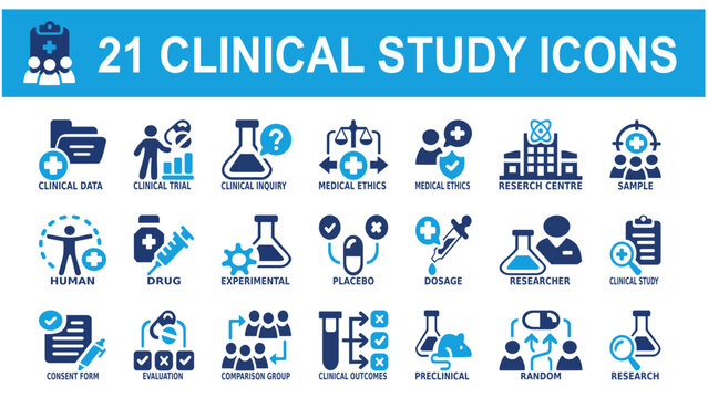 medical icons set contailing Human,Drug,placebo,evaluation,clinical study etc. solid icon vector illustration