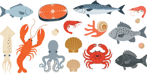 Seafood and marine animals vector set featuring fish, crab, lobster, shrimp, squid, octopus and shellfish illustrations © Mostafijur