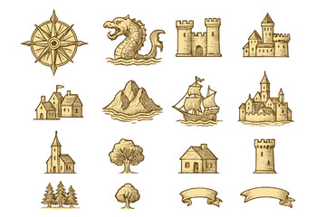 Fantasy map icons collection, vintage sketch style © Andrei