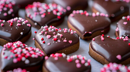 Chocolate heart shaped cookies with pink and red sprinkles on top