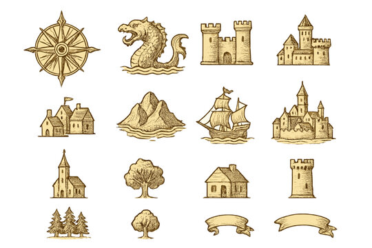 Fantasy map icons collection, vintage sketch style