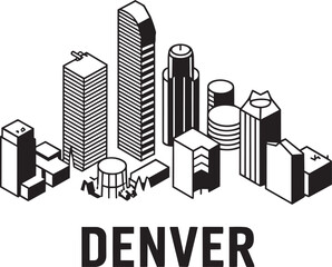 Obraz premium Denver cityscape modern buildings isometric black outline drawing on transparent background vector