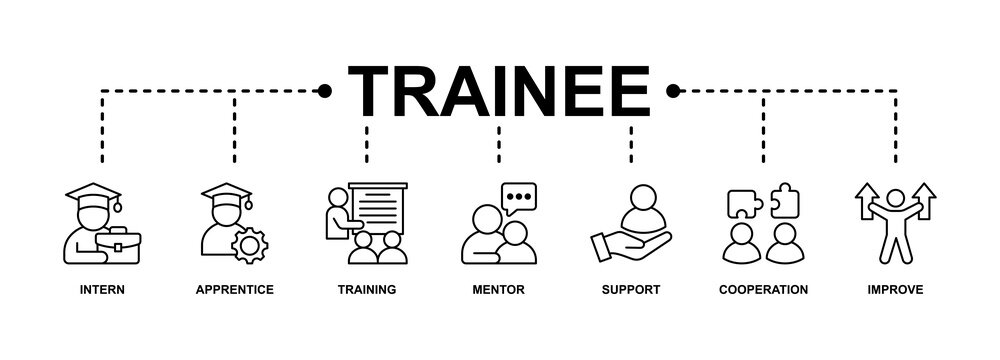 Trainee banner web icon vector illustration concept for internship training and learning program apprenticeship with an icon of  intern, apprentice, training, mentor, support, cooperation, and improve