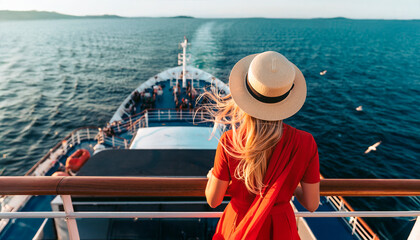 Donna con cappello in crociera e sullo sfondo il mare