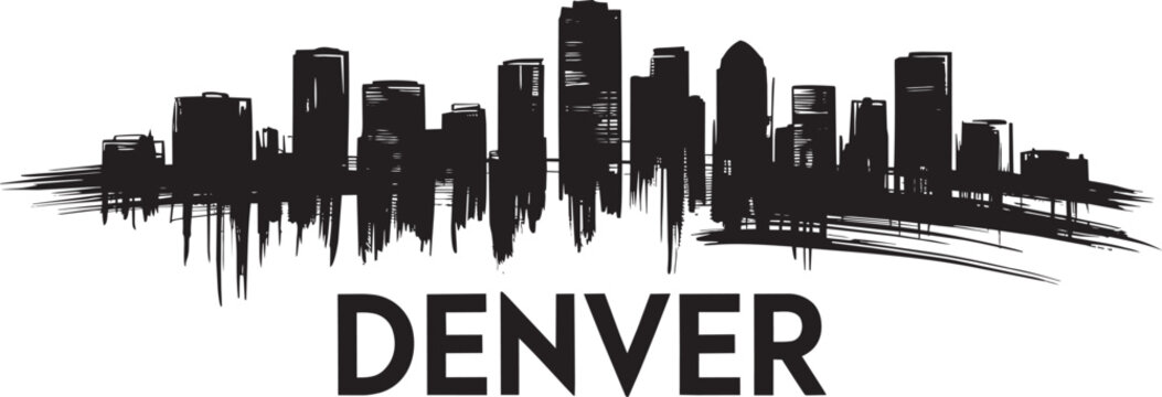 Denver skyline silhouette sketch with architectural reflection and city name on transparent base