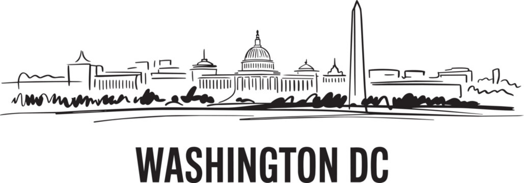 Washington DC famous landmarks capitol building and obelisk skyline sketch drawing isolated