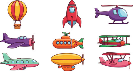 Cute Cartoon Air Transport Illustration Collection with Airplanes Helicopter Rocket Submarine and Hot Air Balloon Colorful Vector Set © Mostafijur