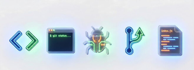 A row of five glowing icons representing various aspects of software development, including coding, version control, debugging, and source files.