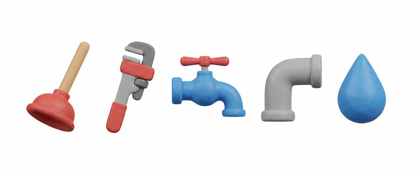 3D rendering of various plumbing tools and elements including a plunger, pipe wrench, faucet, pipe elbow, and a blue water drop on a white background.