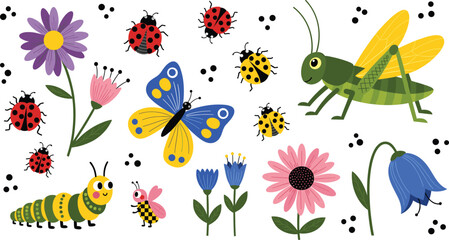 Cute Garden Insects and Flowers Illustration Collection with Butterfly Ladybug Grasshopper and Blooming Plants Cartoon Vector Set © Mostafijur