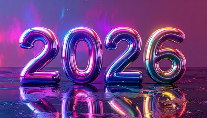 Futuristic Liquid Chrome 2026 Typography with Neon Reflections