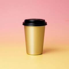 Golden disposable coffee cup with black lid on colorful background