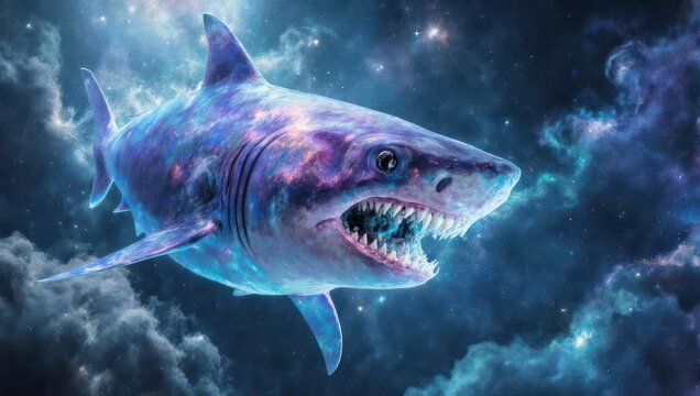 Cosmic Shark Swimming Through Nebula Clouds.