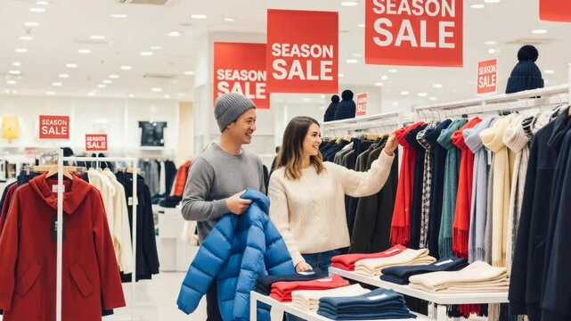 Man and woman shop for winter clothes during a season sale in a department store. Autumn and winter shopping concept.