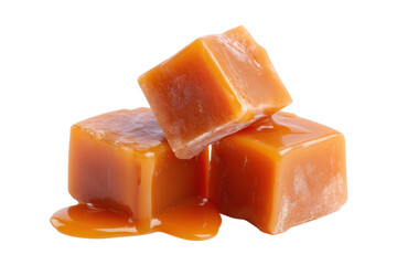 sweet caramel candy cubes with caramel sauce isolated on white or transparent png