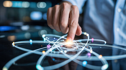 Businessman interacting with glowing network connections on modern interface