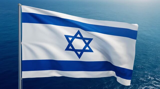 Ultra-realistic full-screen view of the Israeli National Flag (11-8 ratio) gently swaying on a flagpole, cinematic 4K render.
