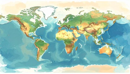 A detailed and vibrant illustration of the Earth's continents and oceans, showcasing topographical features and aquatic expanses, a global map for educational and informational purposes