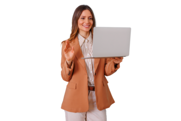 Businesswoman conducting video call on laptop, smiling and waving, communicating online with transparent background
