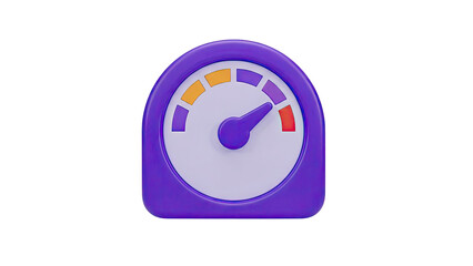 3D speedometer icon with purple casing and pointer on transparent background