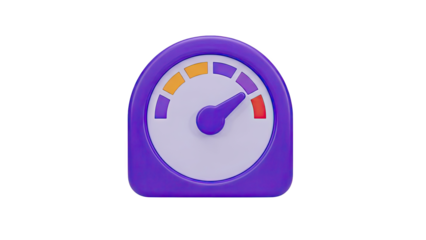 3D speedometer icon with purple casing and pointer on transparent background