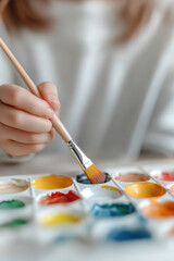 A close-up view captures small hands dipping brushes into bright watercolor paints, engaged in an artistic activity on a table in a softly lit environment, perfect for early learning