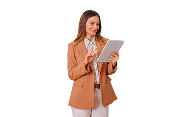 Professional woman using tablet for business communication, research, and management, standing on a transparent background