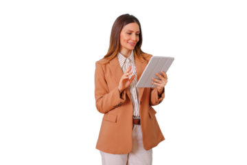 Professional woman using tablet for business communication, research, and management, standing on a transparent background