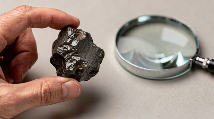 A close-up of a hand holding a raw mineral specimen, with a magnifying glass nearby, emphasizing the texture and detail of the stone.