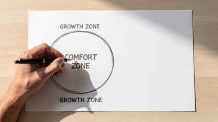 A hand is writing on paper, illustrating the concept of "Comfort Zone" surrounded by "Growth Zone" areas, symbolizing personal development and boundaries.