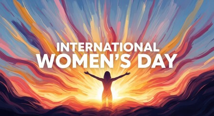 International womens day with a silhouette of a woman with arms raised against a vibrant, fiery abstract background, representing strength and triumph